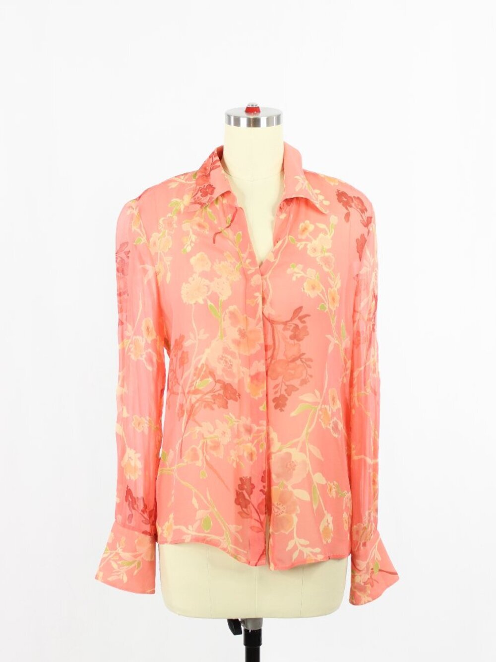 Vintage 90's LANAITE Coral Pink Floral Silk Georgette Button Up Blouse, Size M